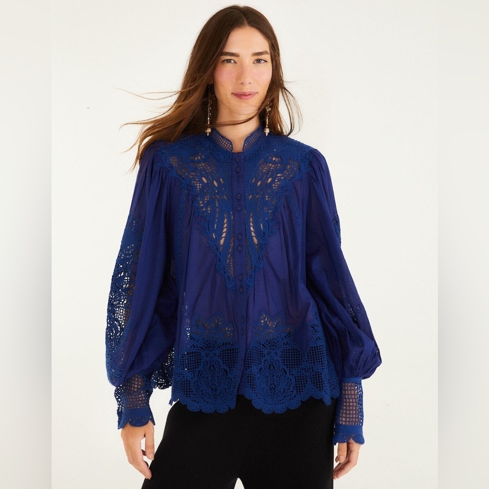 Farm Rio: Navy Blue Guipure Blouse